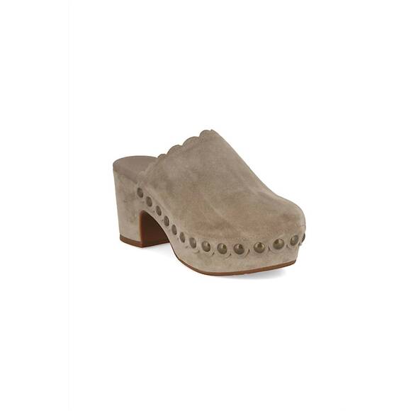 NEW CHOCOLAT BLU women's gemini scalloped clog with studs in taupe suede